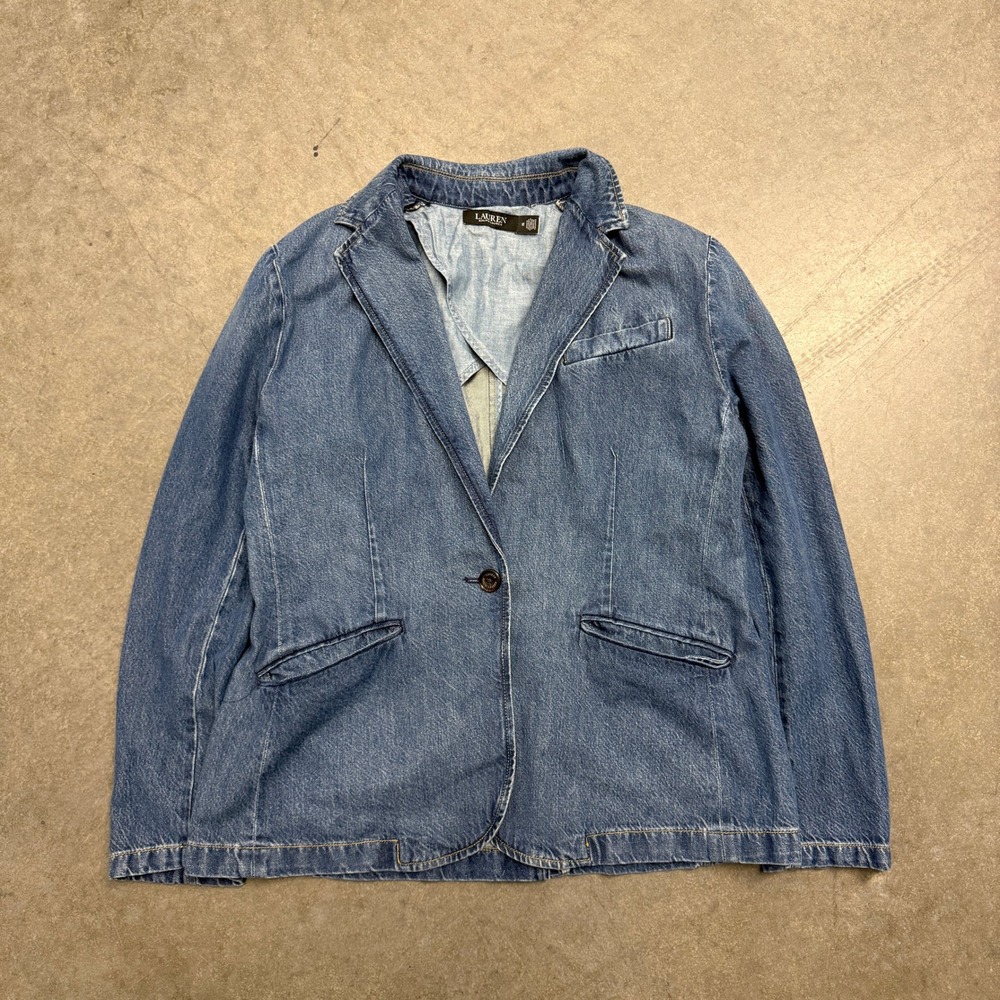 Lauren Ralph Lauren Denim Blazer Medium Wash Single Button Jacket Size 12